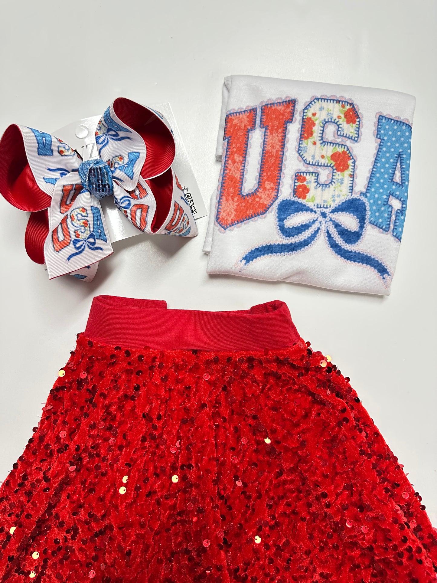 RWB USA Lace Coquette HairBow and t-shirt ~✨ “Red, White & BOWS for America’s 250th 🇺🇸