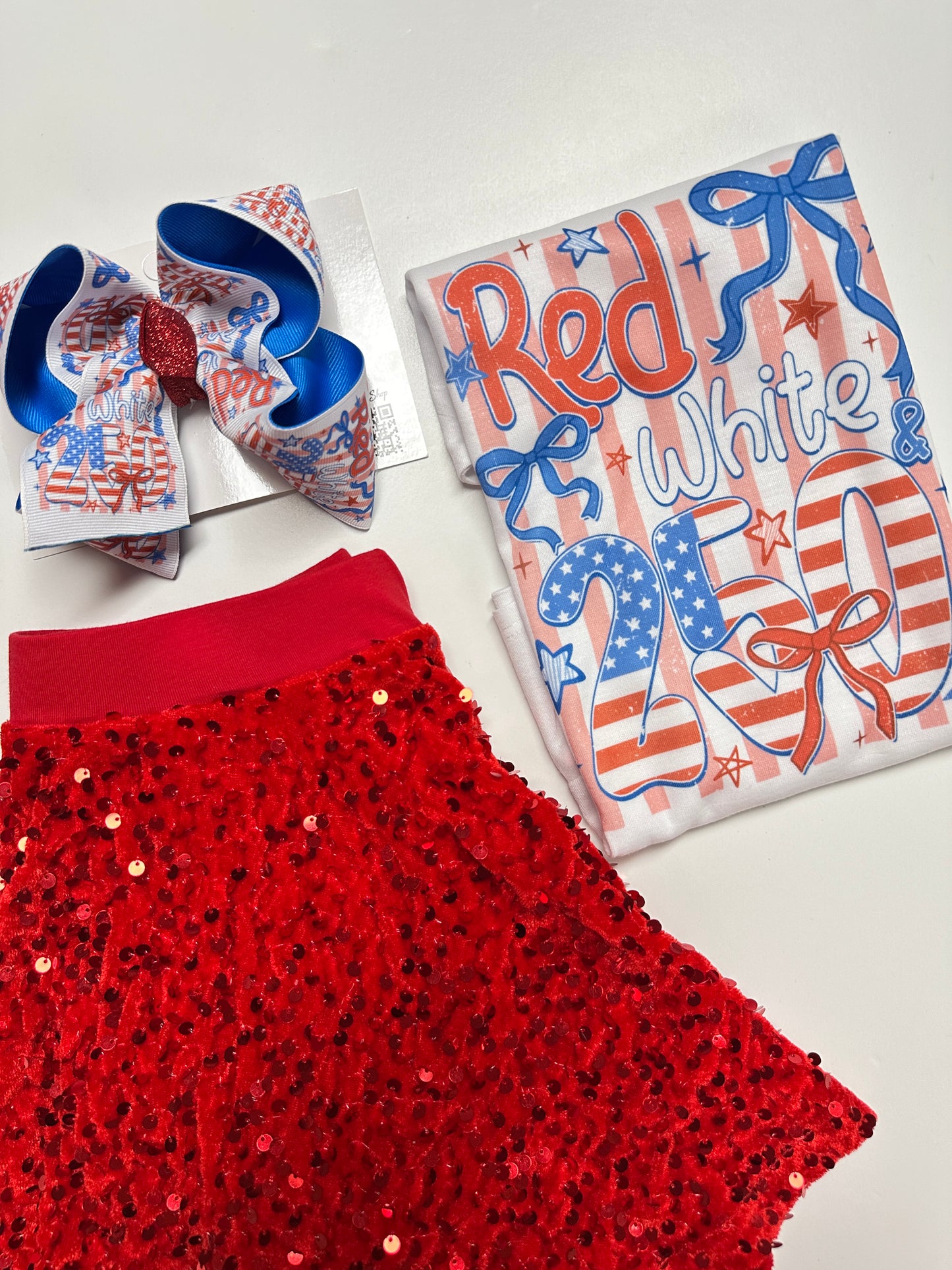 Red, White & 250  Birthday Celebration HairBow and t-shirt ✨ “Red, White & BOWS for America’s 250th 🇺🇸