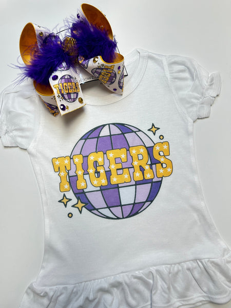 LSU Tigers Disco Ball  Fun Graphic tee & Matching Tiger bow ~ Exclusive to iBOWZ  {Bow & Kids Tee Combo}  Limited Time Only