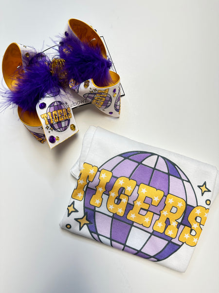 LSU Tigers Disco Ball  Fun Graphic tee & Matching Tiger bow ~ Exclusive to iBOWZ  {Bow & Kids Tee Combo}  Limited Time Only