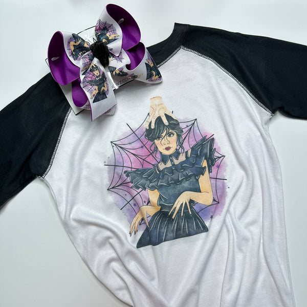 Wednesday Addams Inspired Tee and Matching Hair bow Combo ~ Matching Hairbow and T-shirt ~ Halloween Spooky Season  ~ Exclusive iBOWZ design