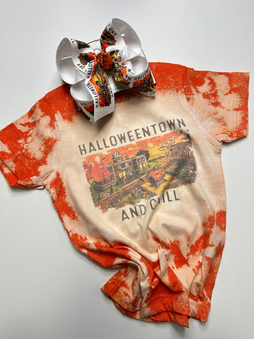 HALLOWEEN TOWN  Bleached Tee and Matching Hair bow Combo ~ Matching Hairbow and T-shirt ~ Halloween Spooky Season  ~ Exclusive iBOWZ design