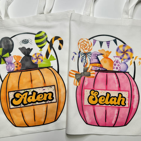 Trick or Treat Candy  Bucket Halloween Bags ~ Personalized with Childs name or Initials ~ Halloween Spooky Season ~ Exclusive iBOWZ design