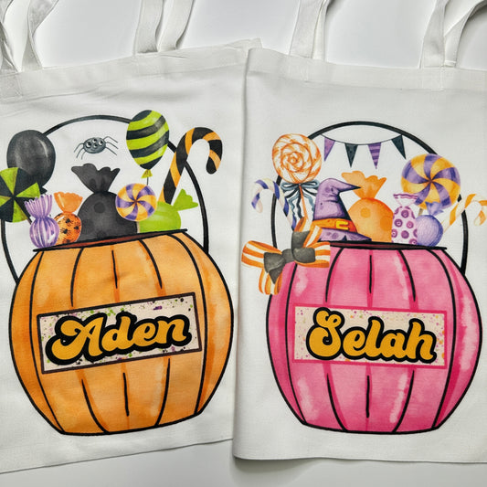 Trick or Treat Candy  Bucket Halloween Bags ~ Personalized with Childs name or Initials ~ Halloween Spooky Season ~ Exclusive iBOWZ design