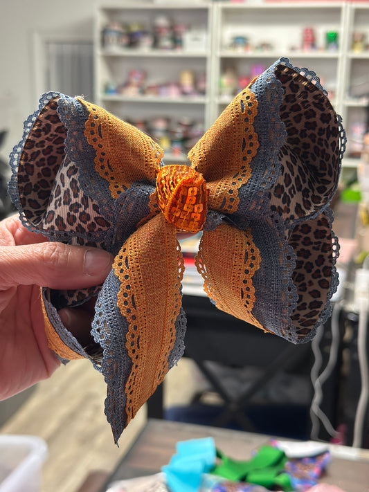 Spicy Carrot Cake Denim Lace layered on Leopard Triple layer Fun Bow ~ Preorder Now Limited Time Only