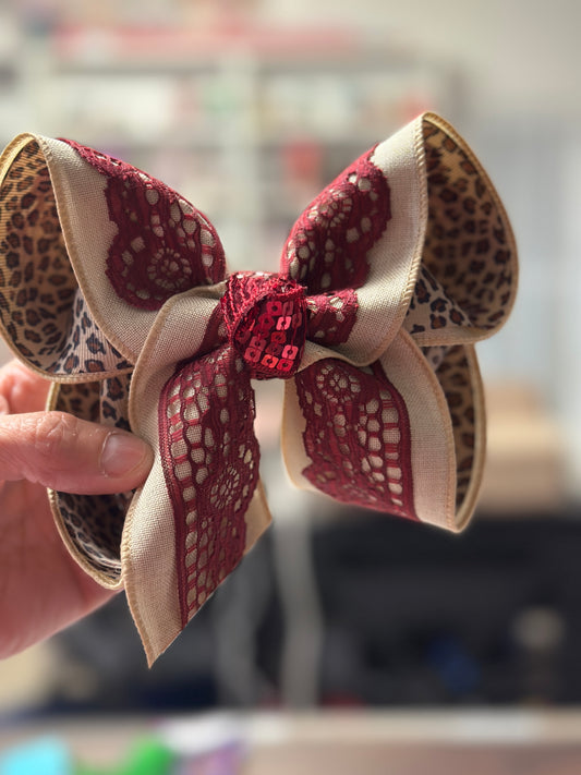 "Wild at Heart " Burgundy  Lace layered on Leopard Triple layer Fun Bow ~ Preorder Now Limited Time Only