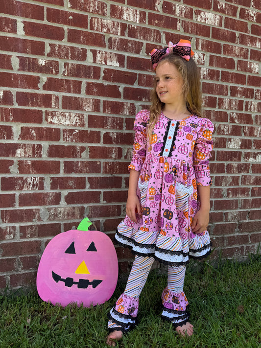 Magnolia Rose Selah Pumpkin Twirl Dress ~ Girls Fall Halloween Dress with Lots of Ruffles, Lace and all the Extras