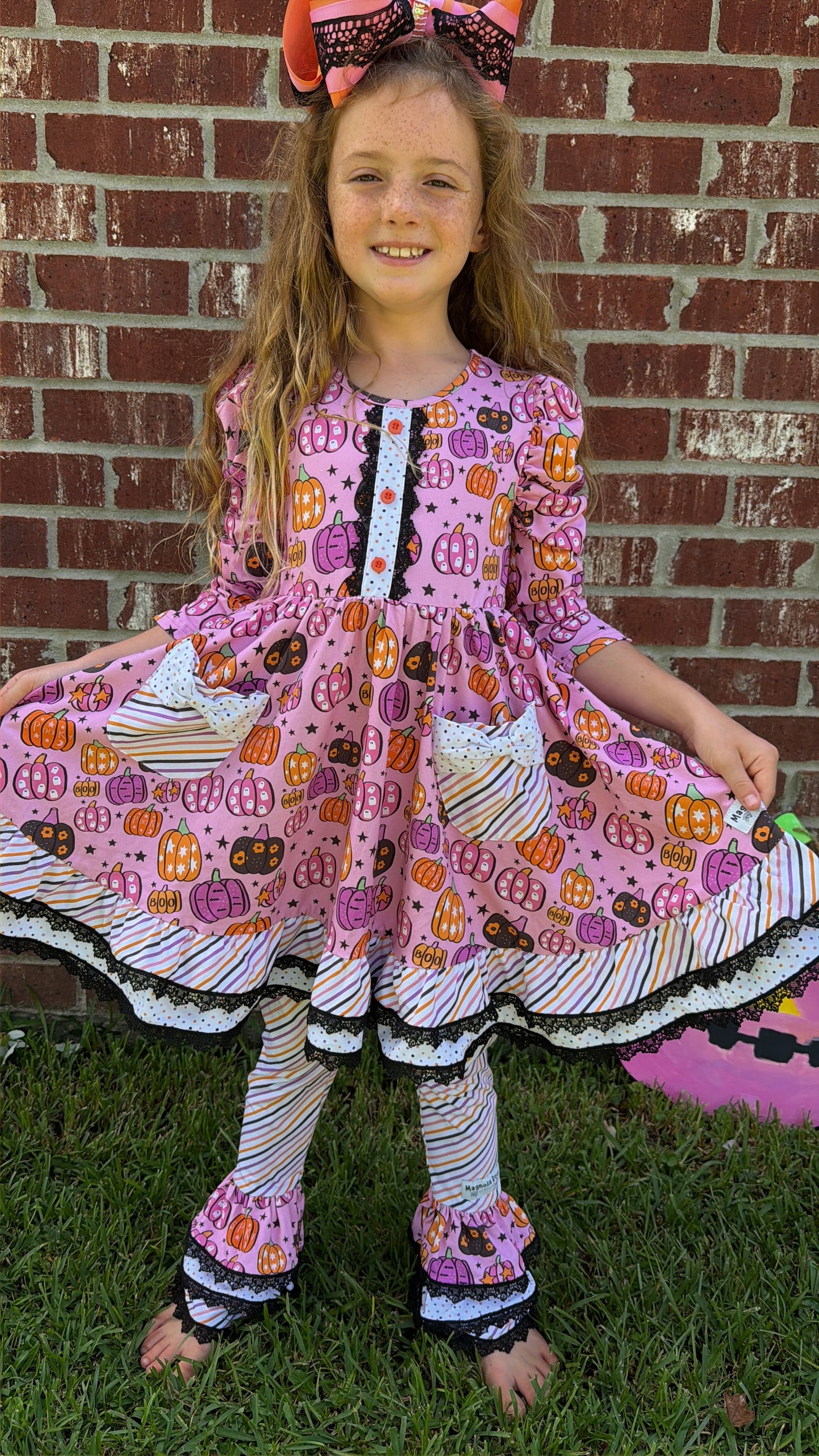 Magnolia Rose Pumpkin Ruffle Leggings  ~ Girls Fall Halloween Ruffle Leggings with Lots of Ruffles and  Lace and all the Extras