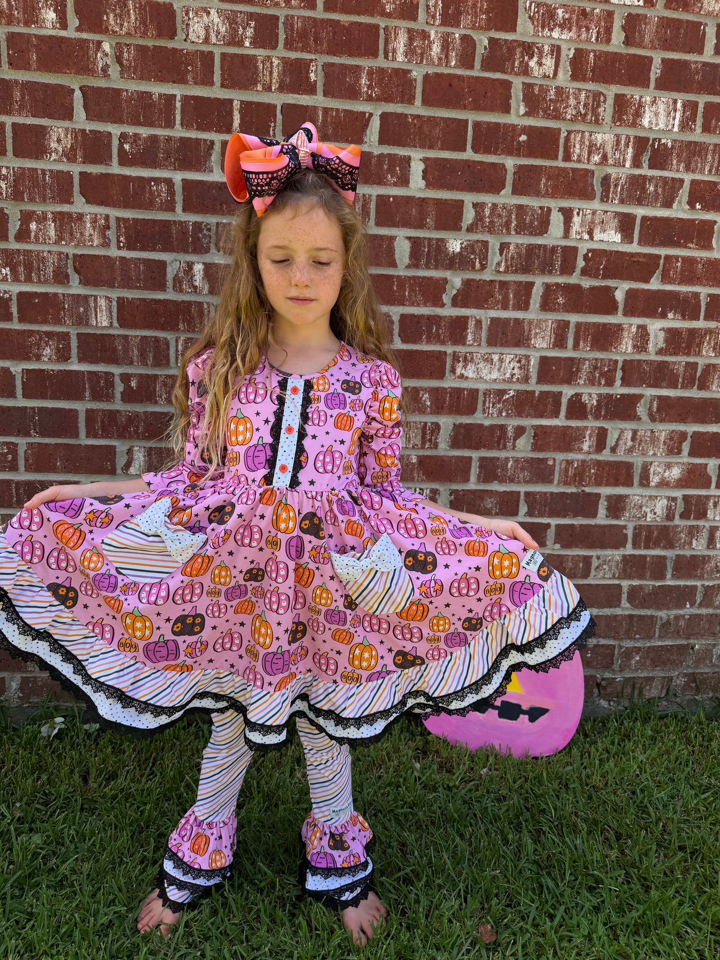 Magnolia Rose Pumpkin Ruffle Leggings  ~ Girls Fall Halloween Ruffle Leggings with Lots of Ruffles and  Lace and all the Extras