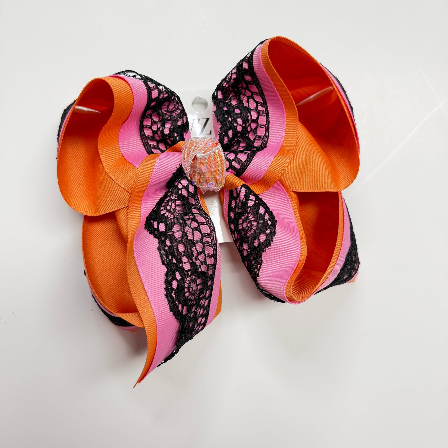 Halloween Selah Hairbow ~ Made to Match the New Halloween Selah Dress  ~ Black lace layered on Hot Pink and Orange with a Irridecent Sequin Knot ~ Preorder Now Limited Time Only PO ends Sunday 8/23