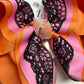 Halloween Selah Hairbow ~ Made to Match the New Halloween Selah Dress  ~ Black lace layered on Hot Pink and Orange with a Irridecent Sequin Knot ~ Preorder Now Limited Time Only PO ends Sunday 8/23