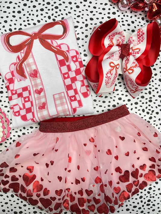Personalized Valentines Day Monogram Bow Design HairBow and Matching Tee ~ Perfect for your little Girls Valentines Activities ~ Let Her Be Best Dressed for the Love day
