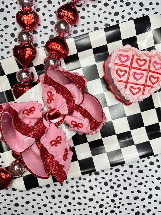 Valentines Day Ruffle and Glitter Red bow Charmed Fun Bow ~ Double Ruffle Ribbon Flat Glitter Triple Layer Boutique Ribbon Hairbow ~ Very Limited ~ Preorder Now Limited Time Only