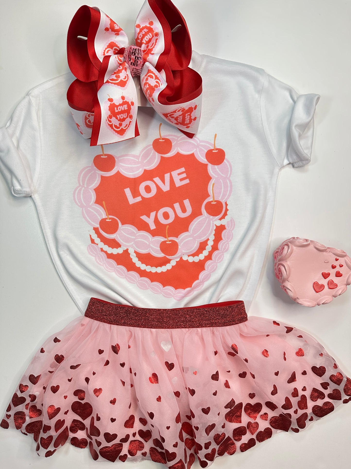 Valentines Day Love You Vintage Heart Cake HairBow and Matching Tee Combo ~ Choose Combo, Bow or Tee ~ Perfect for your Little Girls Valentines  Activities