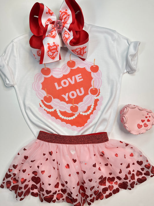 Valentines Day Love You Vintage Heart Cake HairBow and Matching Tee Combo ~ Choose Combo, Bow or Tee ~ Perfect for your Little Girls Valentines  Activities