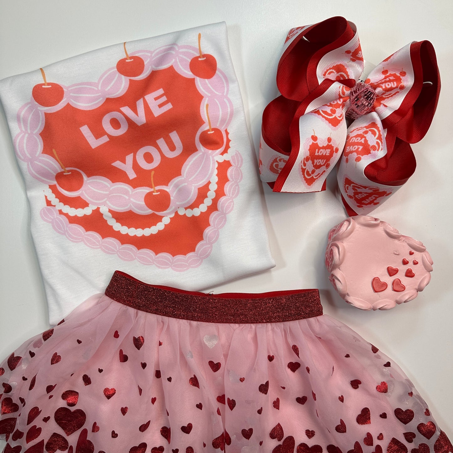 Valentines Day Love You Vintage Heart Cake HairBow and Matching Tee Combo ~ Choose Combo, Bow or Tee ~ Perfect for your Little Girls Valentines  Activities