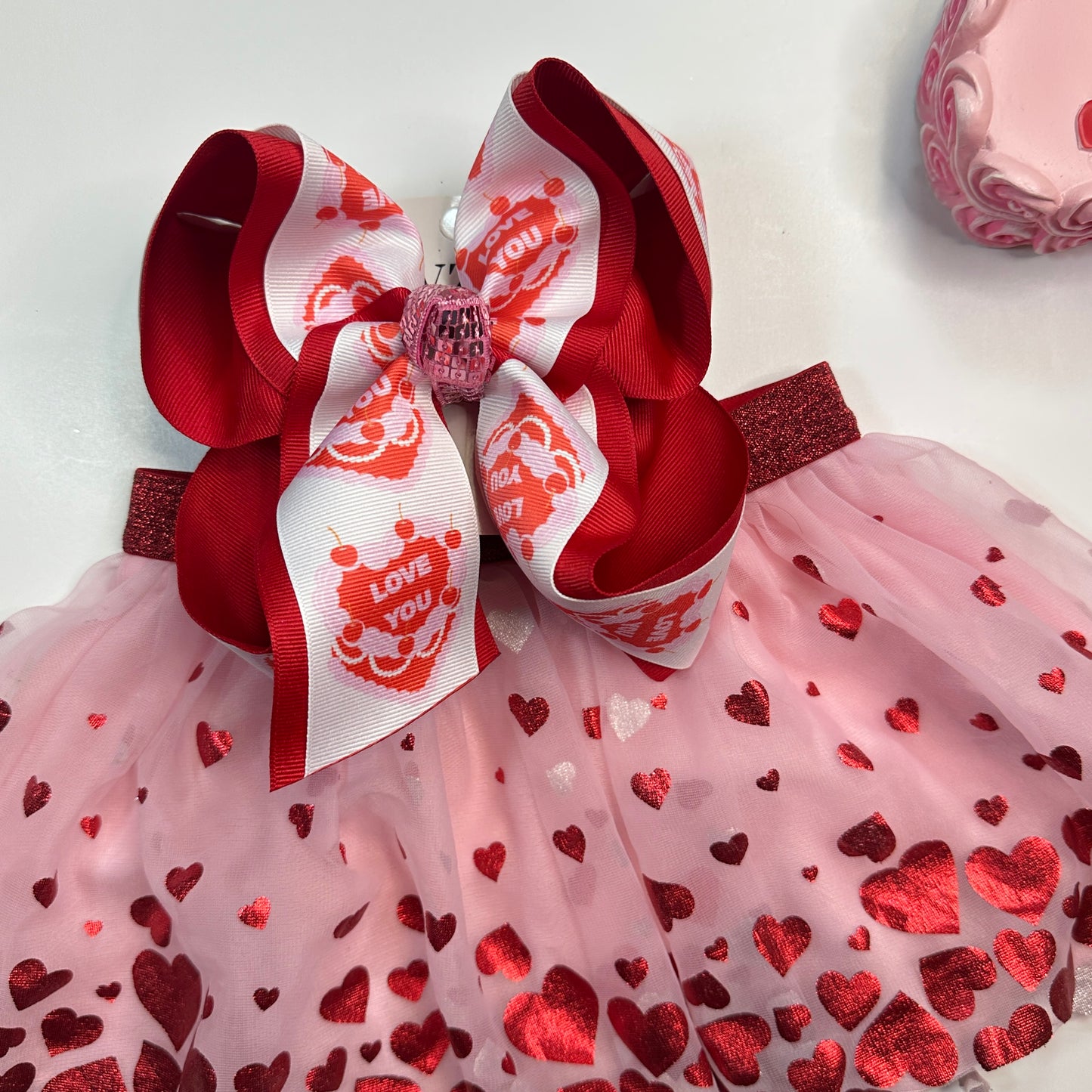 Valentines Day Love You Vintage Heart Cake HairBow and Matching Tee Combo ~ Choose Combo, Bow or Tee ~ Perfect for your Little Girls Valentines  Activities