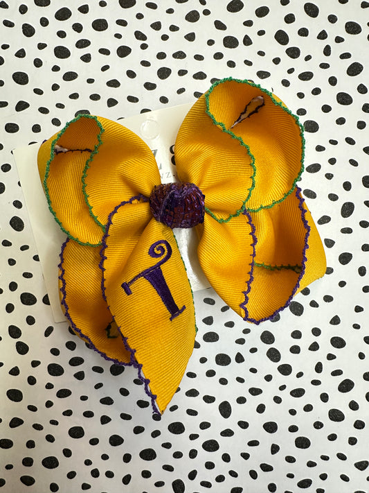 Monogram Initial Mardi Gras Moon-stitched ribbon bow ~ Choose your bow Size ~ Perfect for the Mardi Gras Season