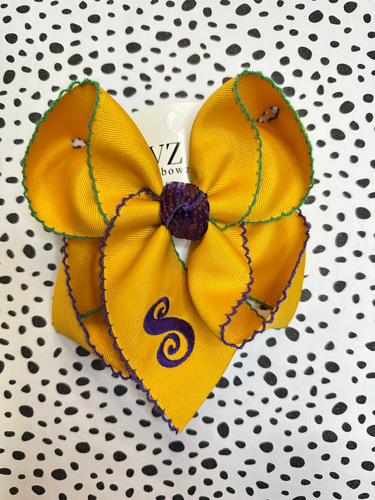 Monogram Initial Mardi Gras Moon-stitched ribbon bow ~ Choose your bow Size ~ Perfect for the Mardi Gras Season