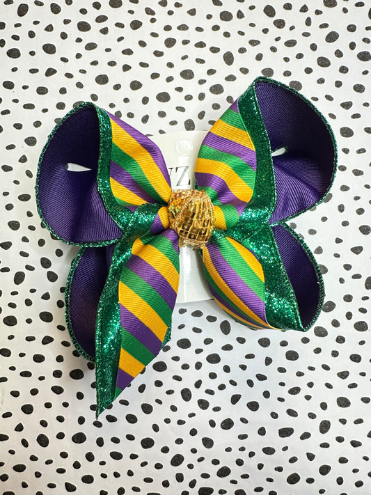 Mardi Gras Stripe Triple layer Fun Ribbon Bow ~ Choose your Bow Size ~Fun Hairbow for Girls ~ Perfect for Parades and Crawfish Boils
