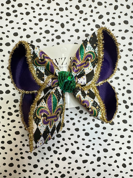 Mardi Gras Fleur De lis Fun Ribbon Bow ~ Choose your Bow Size ~Fun Hairbow for Girls ~ Perfect for Parades and Crawfish Boils