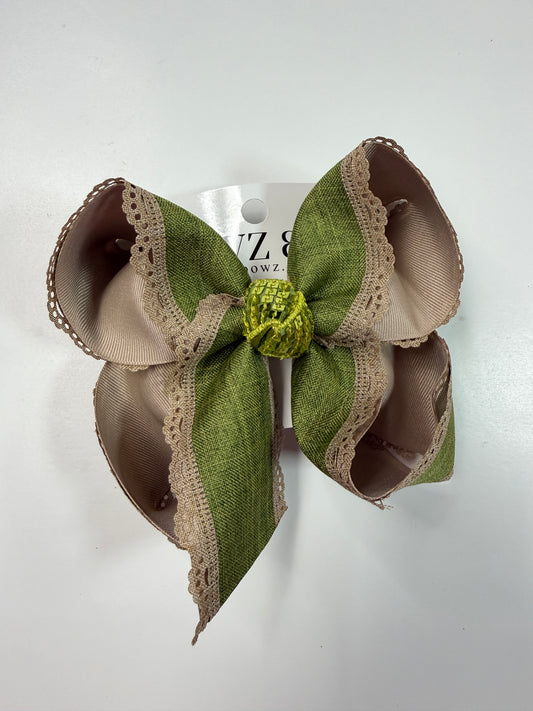 Moss Green + Oatmeal Scalloped edge Hairbow  ~ Perfect for Fall  ~ Ribbon Bow