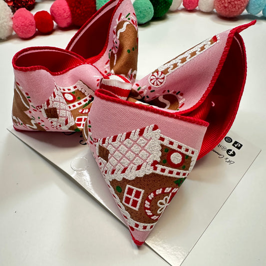 Pink Gingerbread House & Man Christmas  Fun Bow ~ Hairbow
