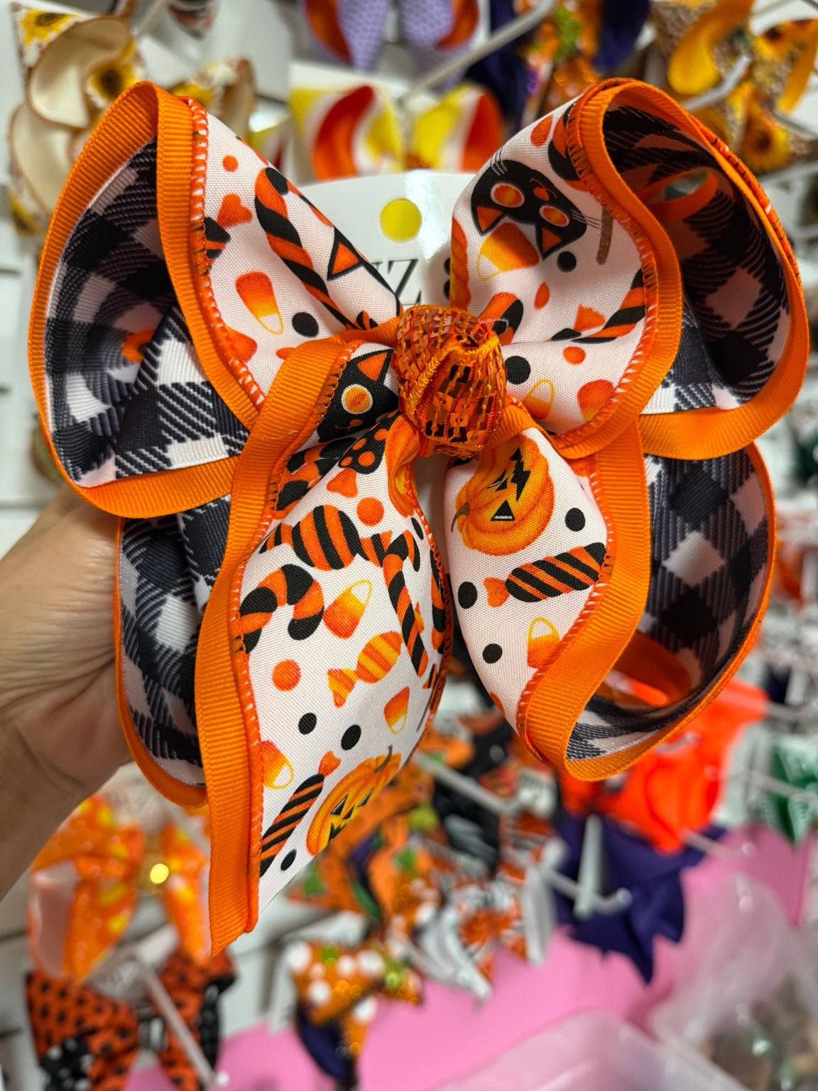 Extra Large candy corn plaid Halloween iBOWZ hair bow