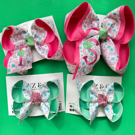 St. Patricks Day Monogram Clover Initial Fun Hairbow  |  Clover and Rainbow Ribbon with a super cute Clover Embroidery Letter | Choose your Knot Color
