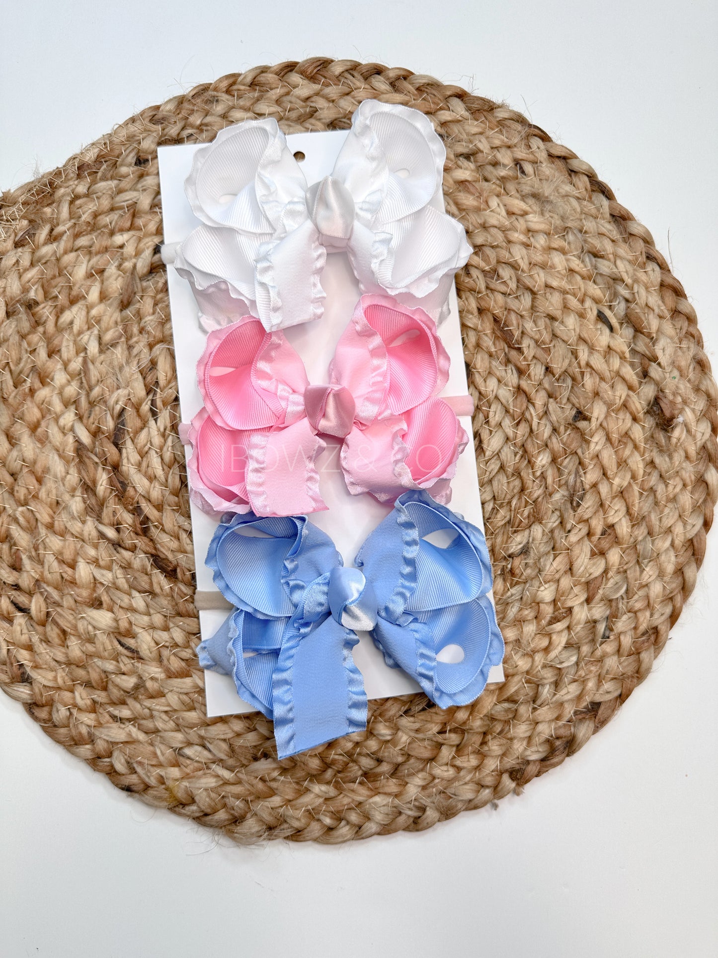 NewBorn 3" Essential Bow Bundle ~ Solid Ruffle Double Layer bow colors are soft Pink, White & Blue ~ The Perfect Baby Shower Gift or Hospital Gift for New Mother