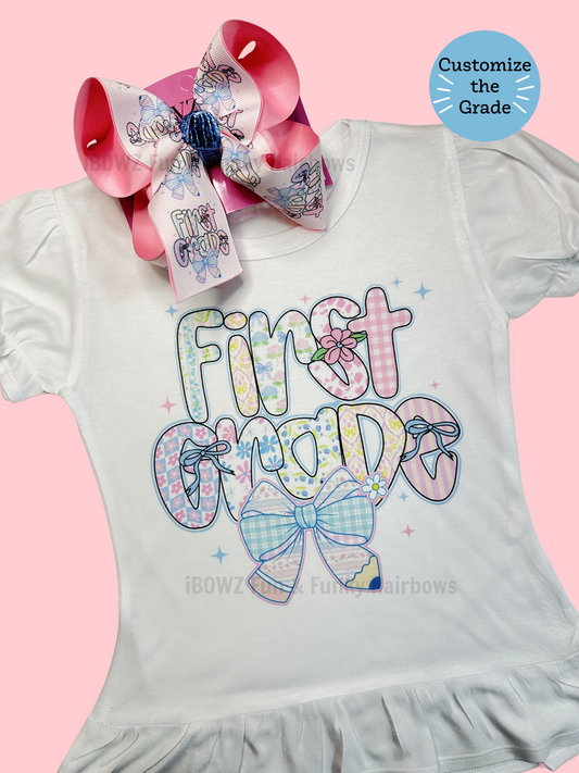 Floral Pink & Blue Grand Millennial Coquette School Grade Fun bow & Matching Tee  ~Choose Combo, bow only or tee only ~  Choose your Grades~   Exclusively at iBOWZ ~Perfect for Back to School & First day of School pics~  Limited Time Only