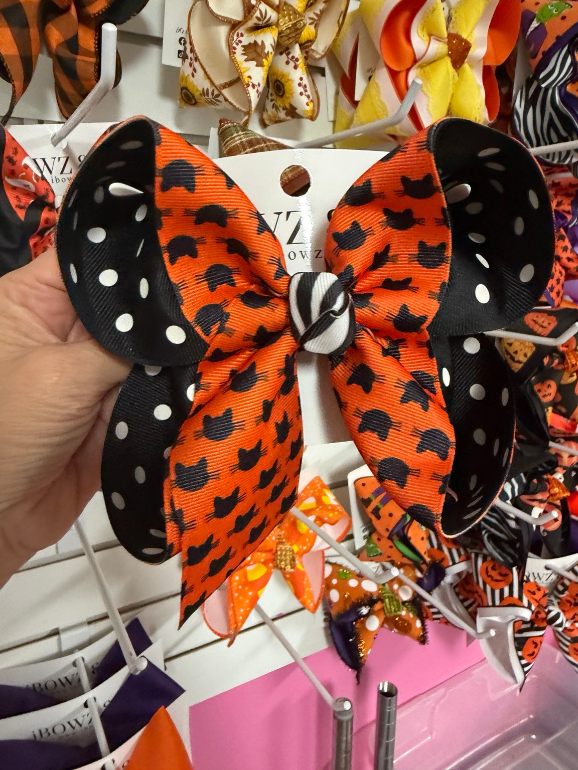 Large black cat polkadot Halloween hair bow