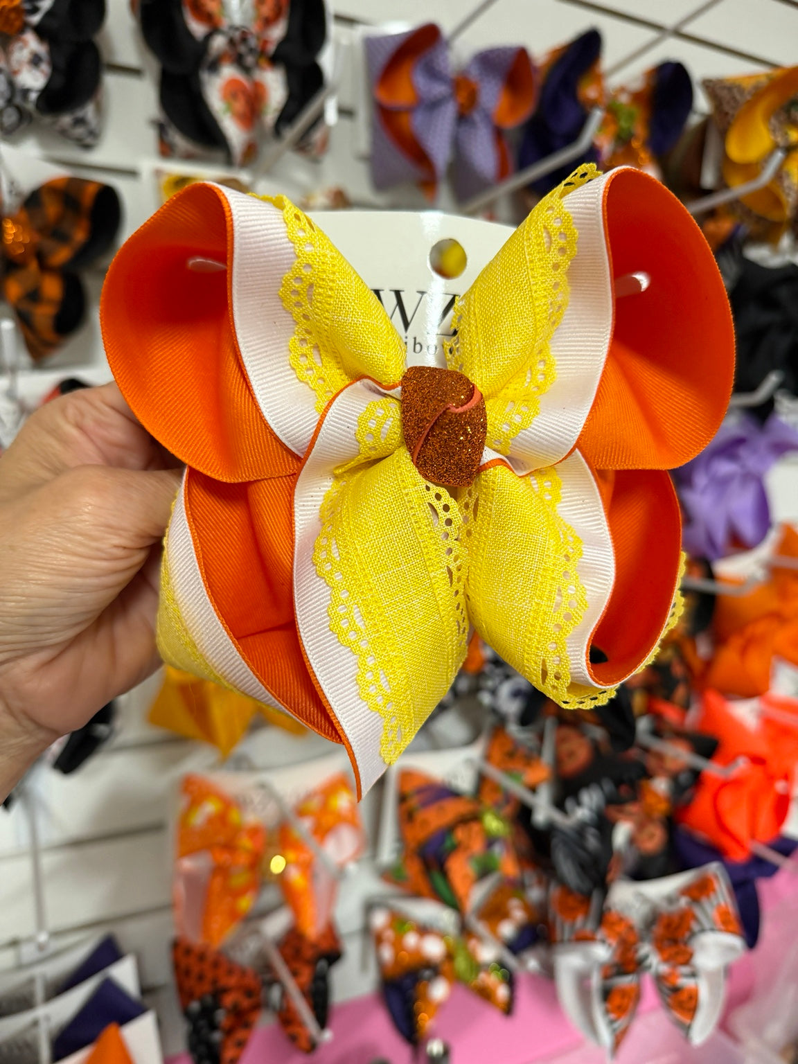 Large candy corn lace Halloween hair bow