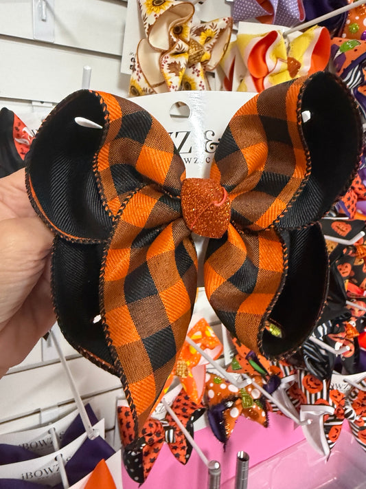 Large orange and black plaid Halloween hairbow