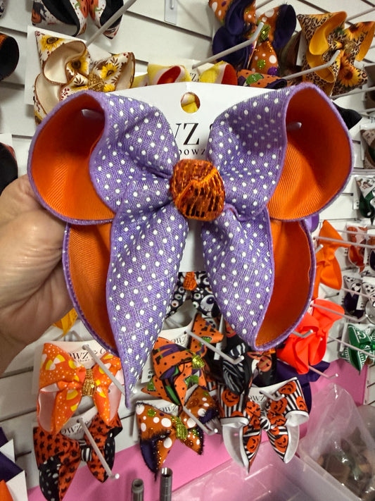 Large purple polkadot orange Halloween hair bow