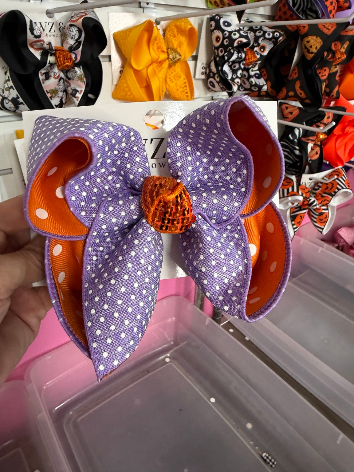 Purple and orange polka dot Biggie 5 inch hair bow