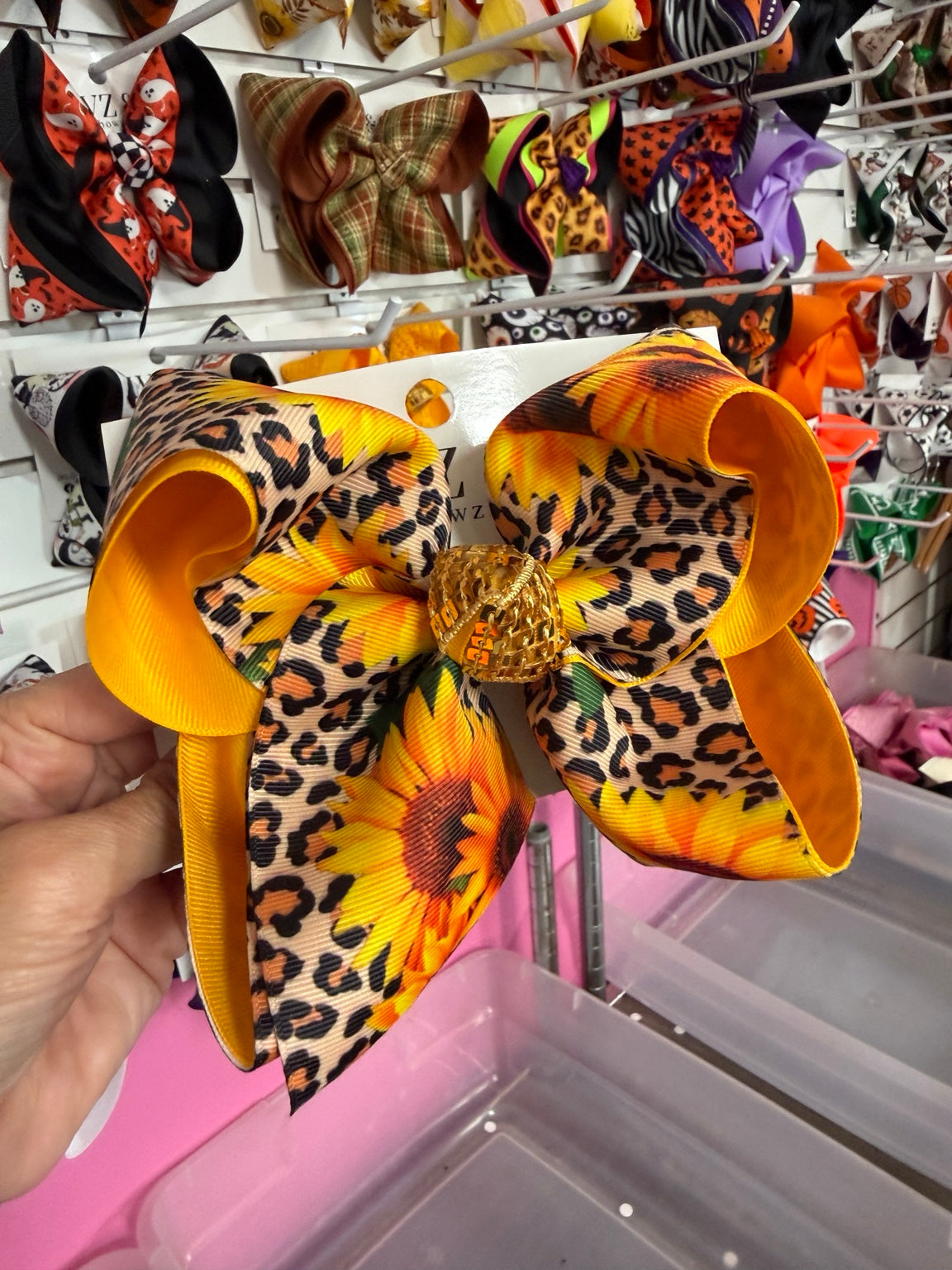 Sunflower leopard Biggie 5 inch hair bow