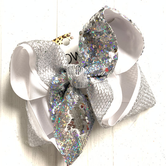 Silver Flip Sequin & Silver Glitter fishnet Fun Bow  | SPARKLE & SHINE  | iBOWZ Fun & Funky Hairbows