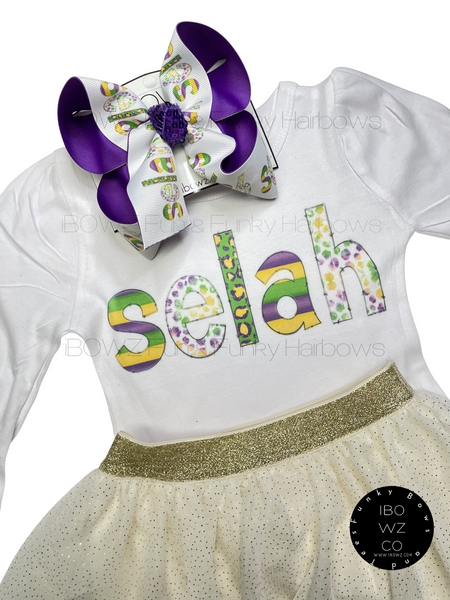 Mardi Gras Personalized Name Combo ~ Shirt and Bow ~ Exclusive iBOWZ design