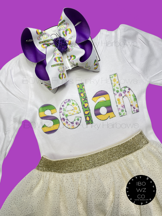 Mardi Gras Personalized Name Combo ~ Shirt and Bow ~ Exclusive iBOWZ design