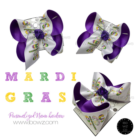 {BOW ONLY} Personalized Mardi Gras Name Bow ~ Exclusive iBOWZ design~ Perfect for Parades