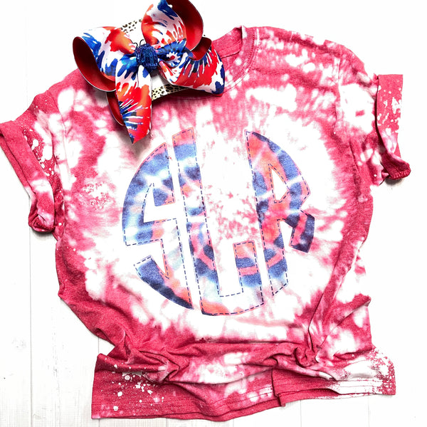 RWB Tie Dye Initials Bleached Tee Combo w/Matching Tie Dye RWB hairbow by iBOWZ ~ Limited Time Only