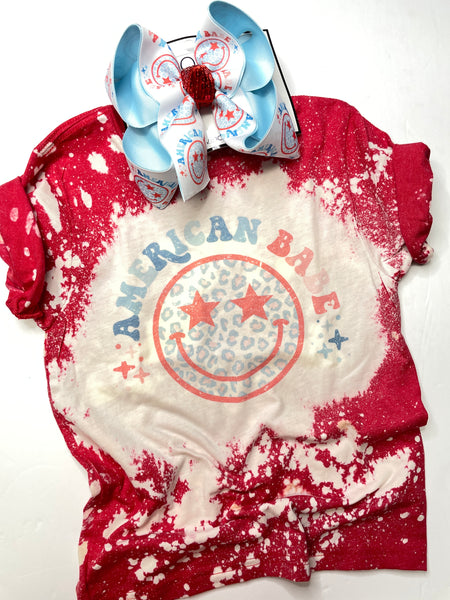 Retro American Babe Smilie Face Hairbow & Tee shirt ~ Perfect for July 4th & Labor Day ~ Bleached Tee Combo w/Matching America hairbow by iBOWZ ~ Limited Time Only