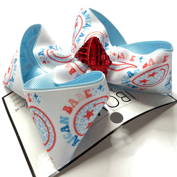 Retro American Babe Smilie Face Hairbow & Tee shirt ~ Perfect for July 4th & Labor Day ~ Bleached Tee Combo w/Matching America hairbow by iBOWZ ~ Limited Time Only