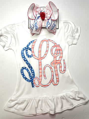 Monogram Stars & Stripes Hairbow & Tee shirt ~ Perfect for July 4th & Labor Day ~ Bleached Tee Combo w/Matching America hairbow by iBOWZ ~ Limited Time Only