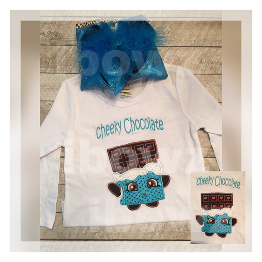 SHOPKINS CHEEKY CHOCOLATE ~ SHOPKINS~ APPLIQUE HAIRBOW & APPLIQUE SHIRT ~ CHOCOLATE