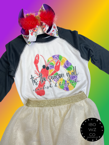 Tis the Season for Crawfish and King cake Fun Matching Hairbow and T-shirt ~  Mardi Gras New Orleans Louisiana  Holiday ~ Exclusive iBOWZ design