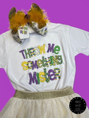 Mardi Gras Throw Me Something Fun Matching Hairbow and T-shirt ~  Mardi Gras New Orleans Louisiana  Holiday ~ Exclusive iBOWZ design