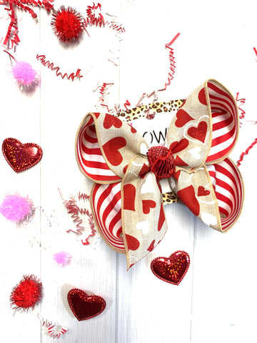 Valentines Day Fun Bow ~ Faux Burlap Hearts Layered on Red & White Stripe ~Hairbow by iBOWZ