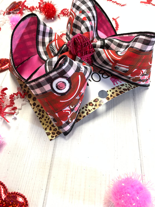 Valentines Day Fun Bow ~ Vintage Red Truck & Black & White Plaid  Hairbow by iBOWZ